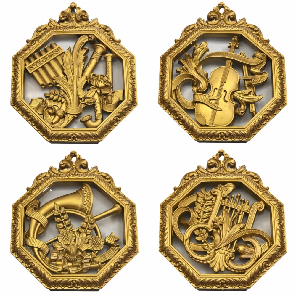 VTG HOMCO 1976 Gold Wall Plaques Set of 4 Music Decor Hollywood Regency Ornate